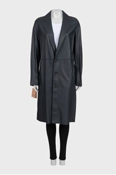 Dark blue leather trench coat with tag