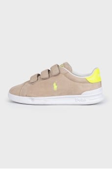 Beige suede sneakers with velcro fasteners