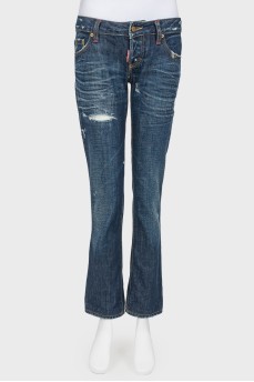 Blue decorative scuffs jeans, with zipper
