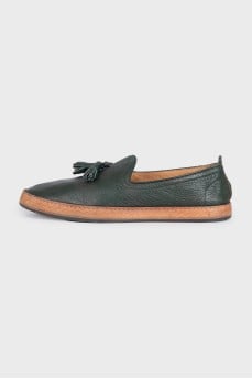 Men's green leather moccasins