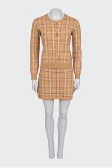 Brown plaid print skirt suit with tag