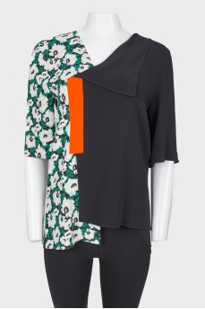 Asymmetric collar and contrasting print top