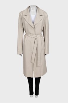 Long grey wrap trench coat with belt