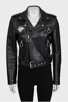 Cropped leather jacket with brand logo