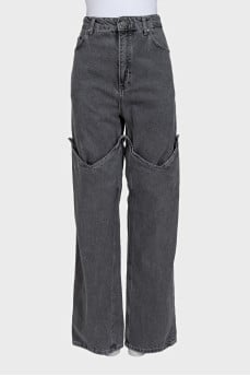 Gray wide-leg cowboy jeans