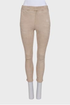 Beige leather trousers with elastic waistband