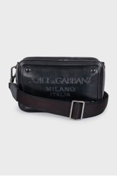 Men's black leather bag with a 3D embossed logo