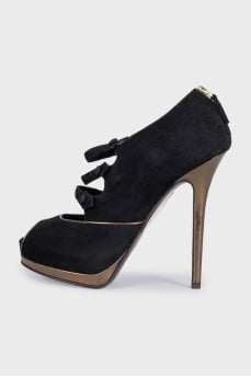 Black suede open toe heels