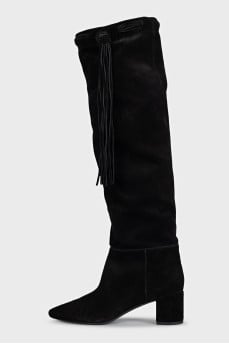 Black suede over-the-knee boots with tassels