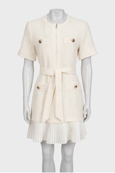 White tweed dress with a belt