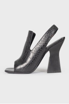 Black leather heeled shoes with open heel and toe
