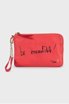 Leather clutch decorated with inscription