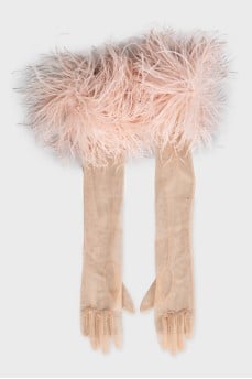 Transparent gloves decorated with feathers