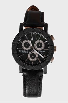 Men's leather watch with a black dial