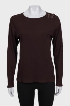 Dark brown long sleeve top with buckles on the shoulder