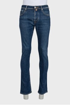 Men's blue straight-leg jeans with buttons