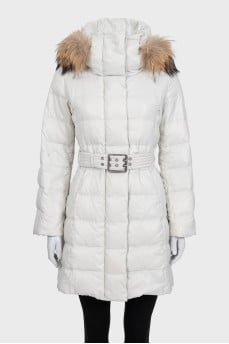 Gray fitted down jacket with belt