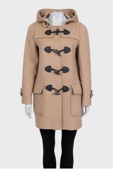 Beige wool coat with a hood