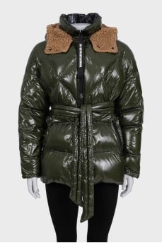 Green down jacket with a detachable hood