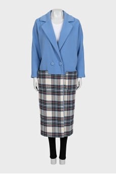 Wool coat with a light blue top and a checkered bottom
