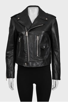 Black leather jacket with tag