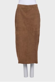 Brown fitted suede skirt