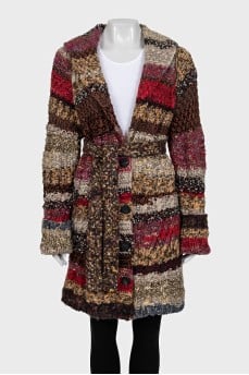 Multicolored knitted cardigan with a belt