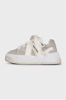 Gray suede sneakers with a chunky platform