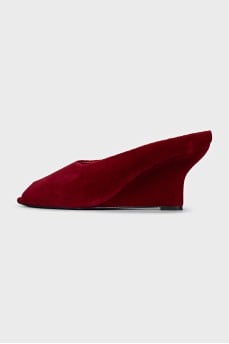 Red velvet wedge shoes