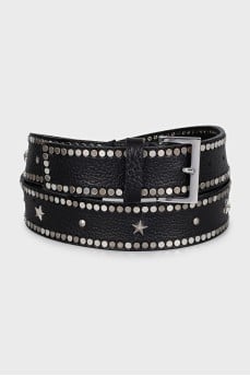 Black leather belt with silver decor