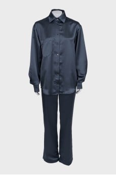 Blue satin straight-cut suit