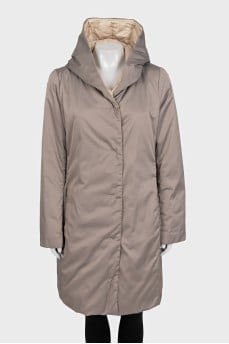Beige straight-cut coat with a hood