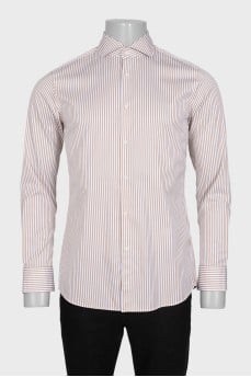 Men's white slim fit shirt with brown stripes