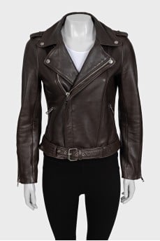 Brown leather biker jacket with a belt