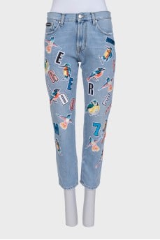 Light blue straight jeans with bright stripes