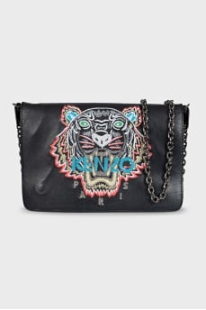 Black leather bag with signature embroidery