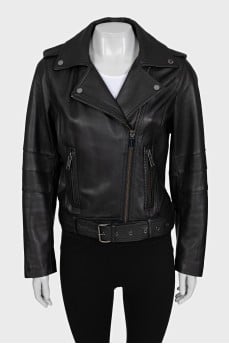 Black leather biker jacket with a belt