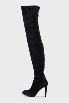 Suede over-the-knee boots with heels and gold trim