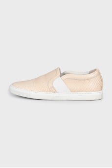Beige leather slip-ons with embossing