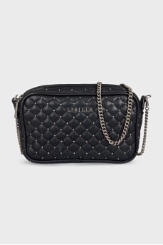 Black quilted leather bag with decoration