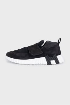 Black suede sneakers with a lug sole
