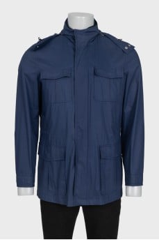 Men's blue windbreaker with a hood