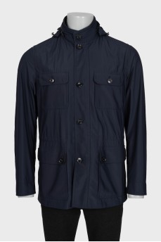 Men's blue zip-up jacket with a detachable hood