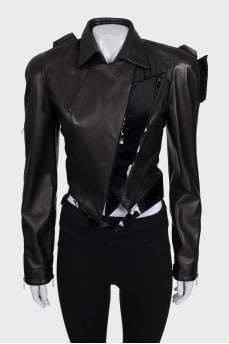 Black cropped leather jacket with inserts