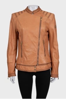 Brown leather jacket with asymmetrical zipper