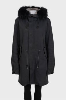 Black insulated parka with fur