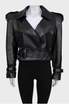 Cropped leather jacket with accent shoulders