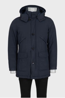 Men's blue straight-cut down jacket with a hood