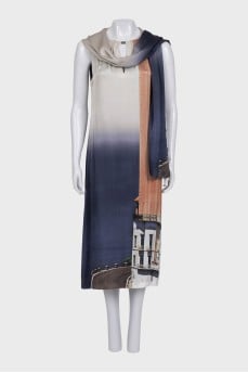 Blue dress with a printed scarf