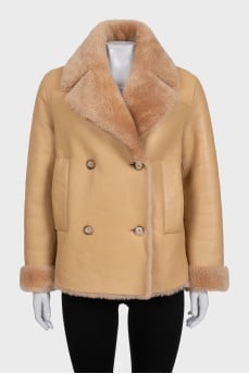 Beige double-breasted sheepskin coat